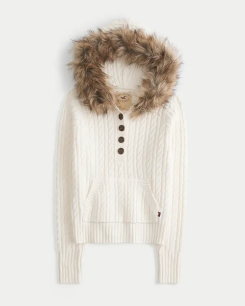Faux Fur Trim Hooded Henley Sweater