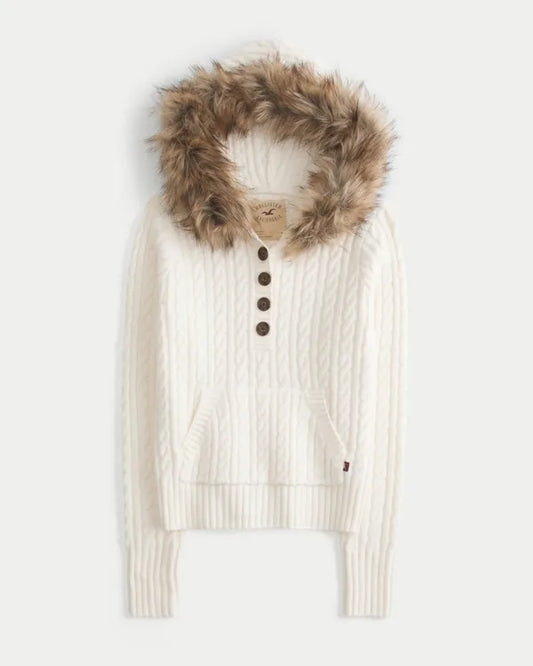 Faux Fur Trim Hooded Henley Sweater