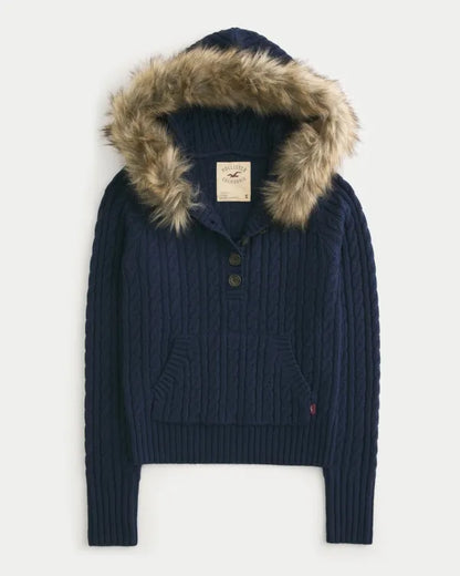 Faux Fur Trim Hooded Henley Sweater