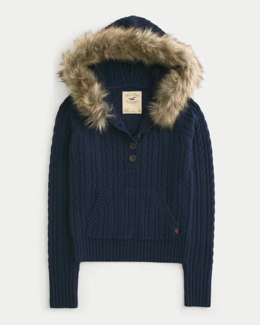 Faux Fur Trim Hooded Henley Sweater