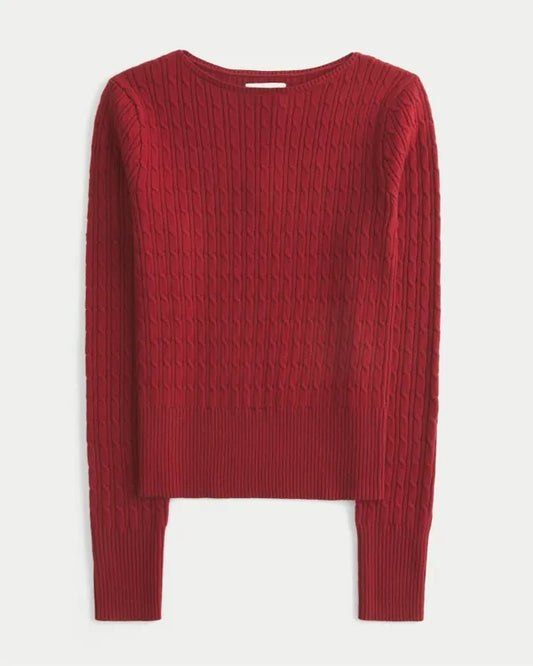 Cable-Knit Slash-Neck Sweater