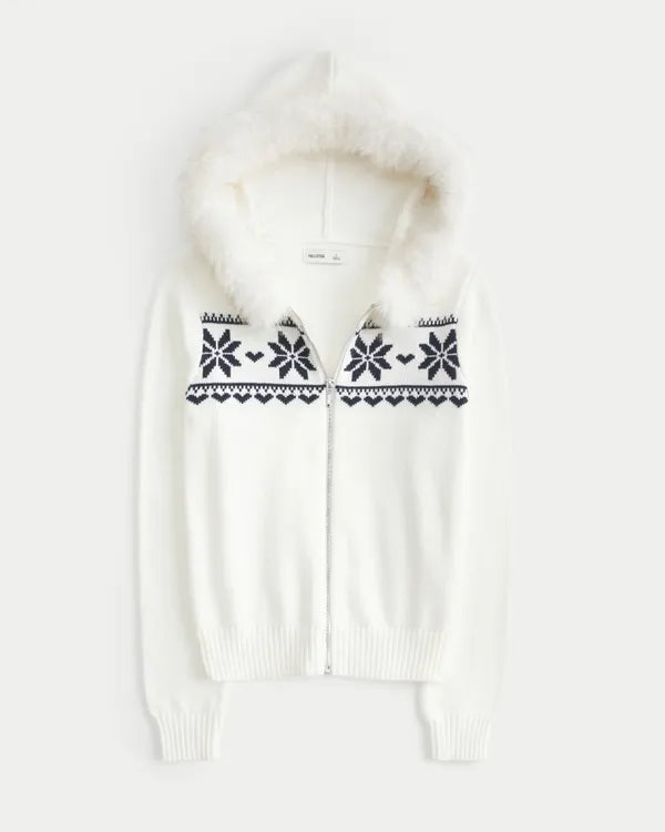 Hooded Faux Fur trim Fair Isle Zip-Up Sweater
