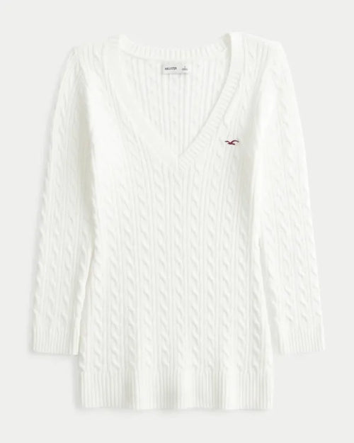 Three-Quarter Sleeve Cable-Knit V-Neck Sweater