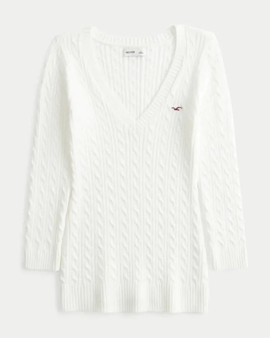 Three-Quarter Sleeve Cable-Knit V-Neck Sweater