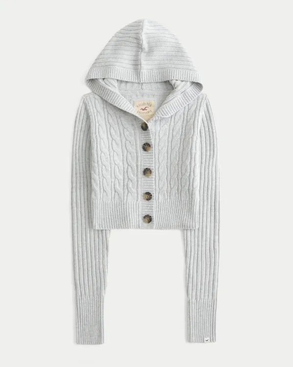 Shrunken Cable-Knit Hooded Cardigan