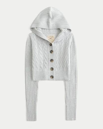 Shrunken Cable-Knit Hooded Cardigan
