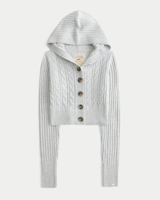 Shrunken Cable-Knit Hooded Cardigan