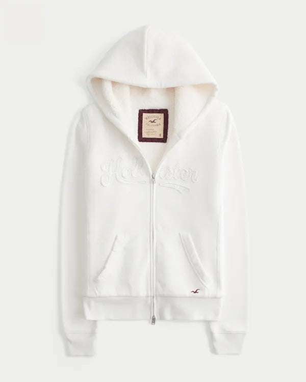 Hollister Feel Good Sherpa-Lined Zip-Up Logo Graphic Hoodie
