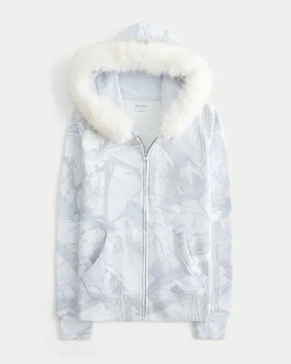 Hollister Feel Good Faux Fur Trim Zip-Up Camo Hoodie