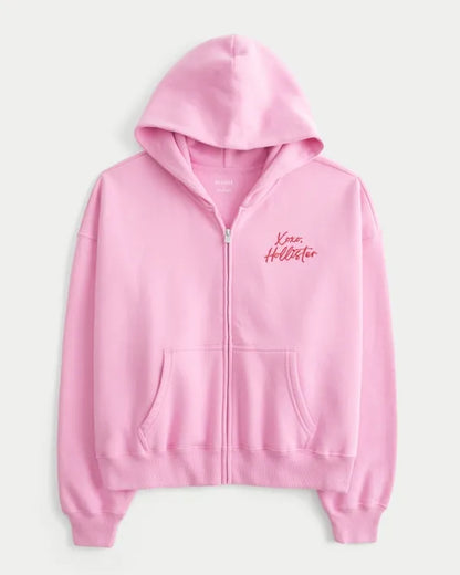 Hollister Feel Good Easy Zip-Up Xoxo Graphic Hoodie