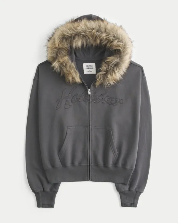 Hollister Feel Good Faux Fur Trim Logo Zip-Up Hoodie