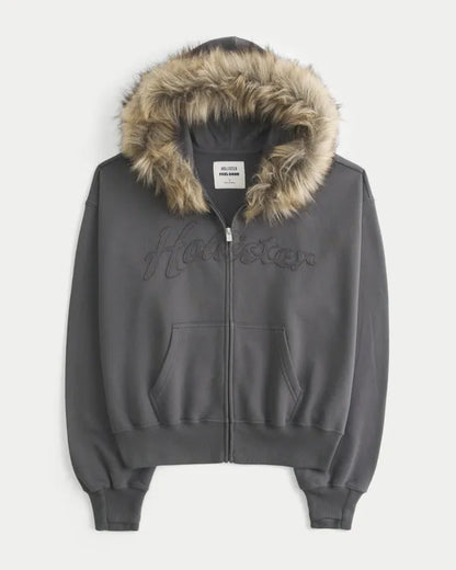 Hollister Feel Good Faux Fur Trim Logo Zip-Up Hoodie