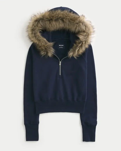 Faux Fur Trim Half-Zip Hoodie
