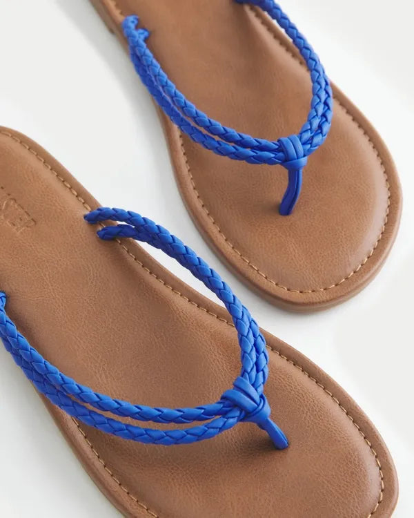 Blue Braided Double Strap Faux Leather Flip Flops