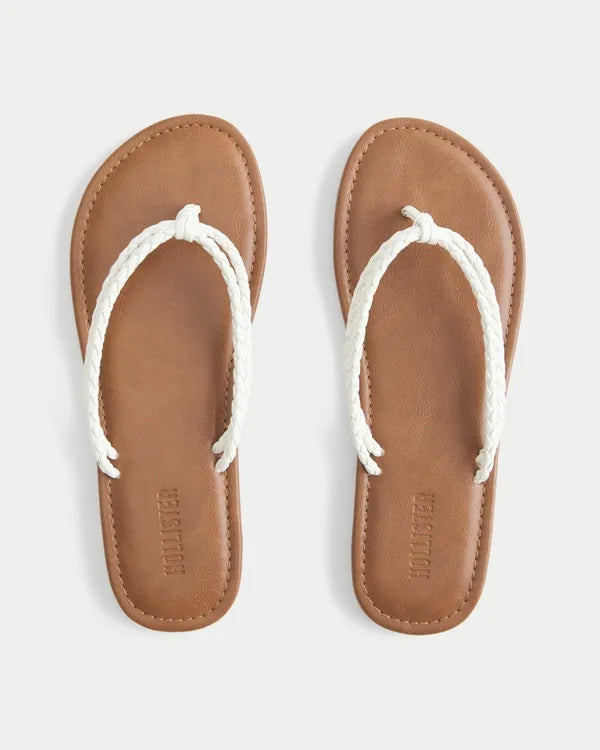 White Braided Double Strap Faux Leather Flip Flops