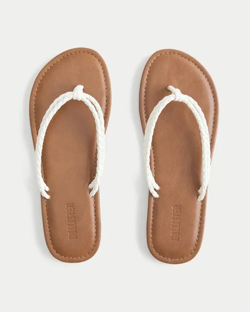 White Braided Double Strap Faux Leather Flip Flops