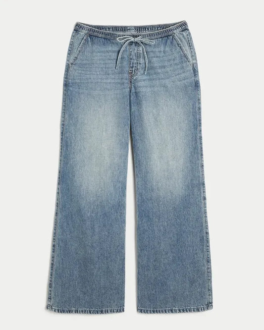 Ultra Low-Rise Drapey Pull-On Wide-Leg Jeans
