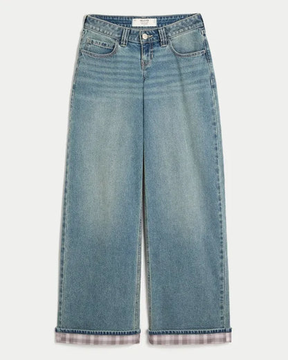 Ultra Low-Rise Plaid Cuff Super Baggy Jeans