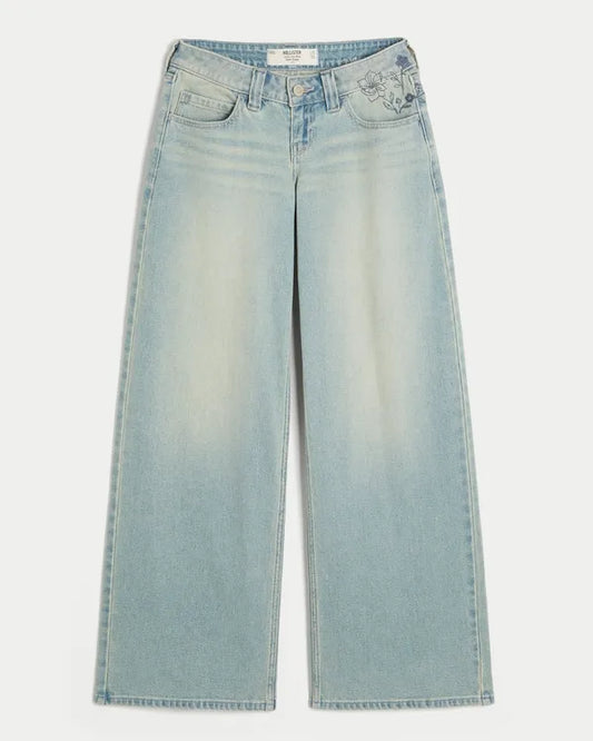 Ultra Low-Rise Floral Embroidery Super Baggy Jeans