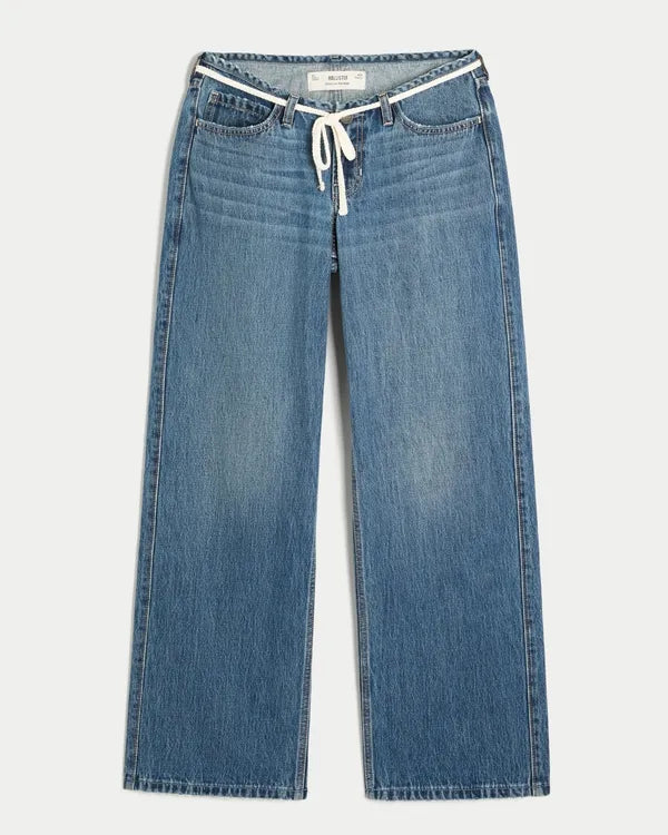 Ultra Low-Rise Mini Waistband Tie Waist Baggy Jeans