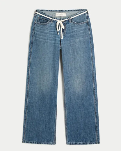 Ultra Low-Rise Mini Waistband Tie Waist Baggy Jeans