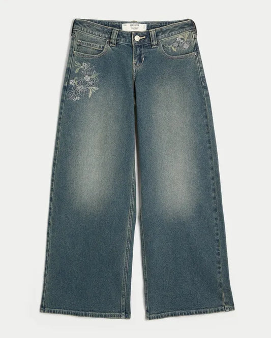 Hollister Andi Adjustable Waist Ultra Low-Rise Floral Embroidery Super Baggy Jeans