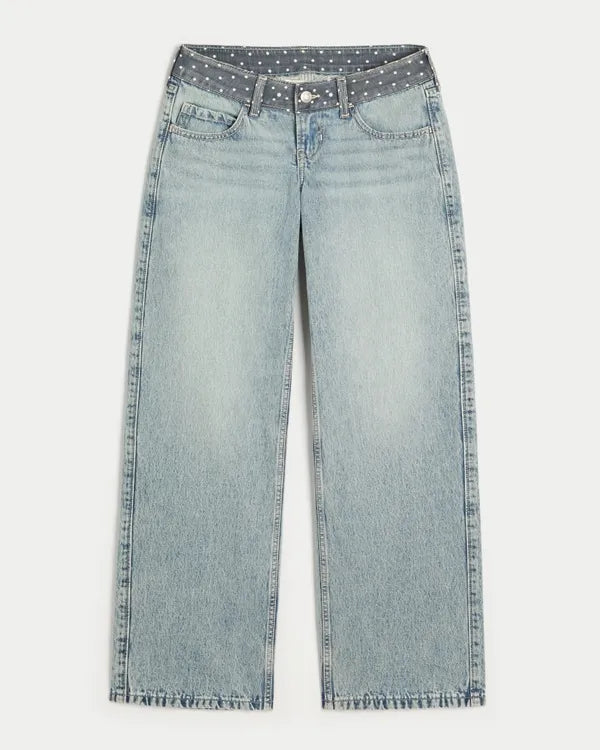 Ultra Low-Rise Polka Dot Waist Baggy Jeans