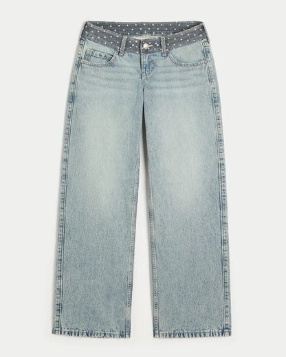 Ultra Low-Rise Polka Dot Waist Baggy Jeans