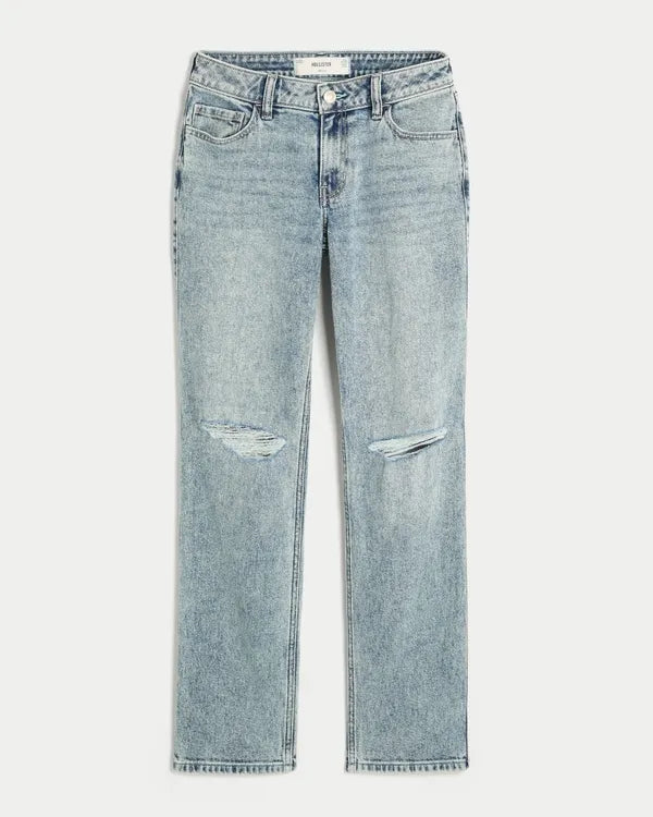 Mid-Rise Ripped Straight Jeans
