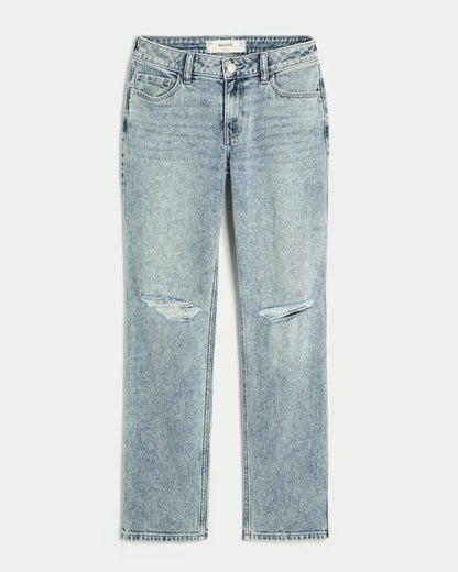 Mid-Rise Ripped Straight Jeans