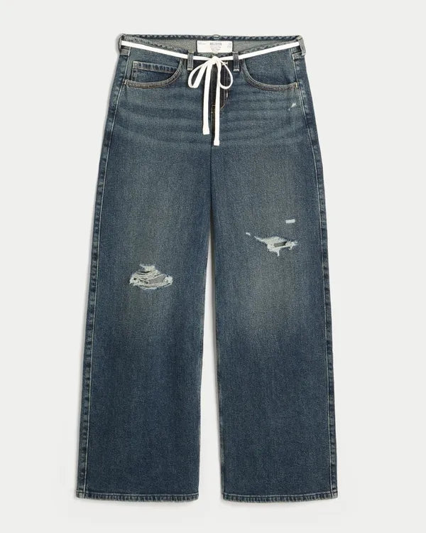 Ultra Low-Rise Ripped Tie Waist Super Baggy Jeans
