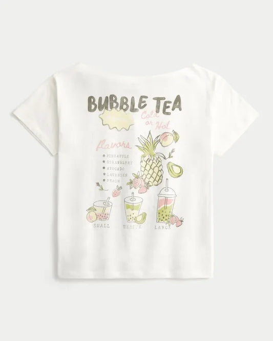 Oversized Off-the-Shoulder Bubble Tea Graphic Tee