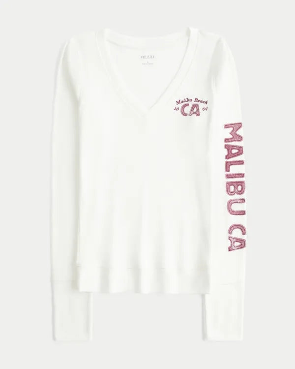 Long-Sleeve V-Neck Malibu Graphic Tee