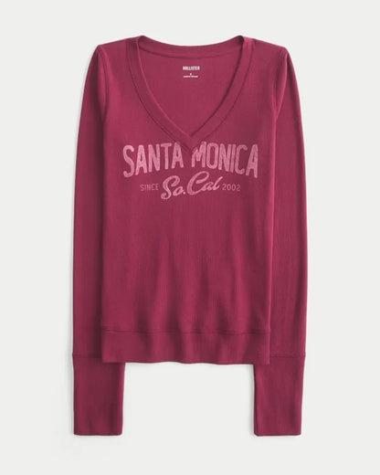 Long-Sleeve V-Neck Santa Monica Graphic Tee