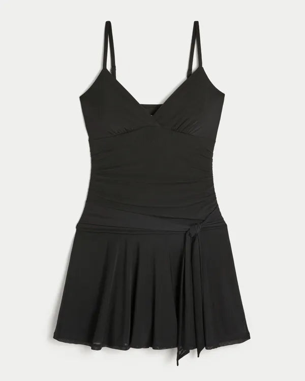 Ruched Mesh Tie Waist Dress