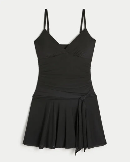Ruched Mesh Tie Waist Dress