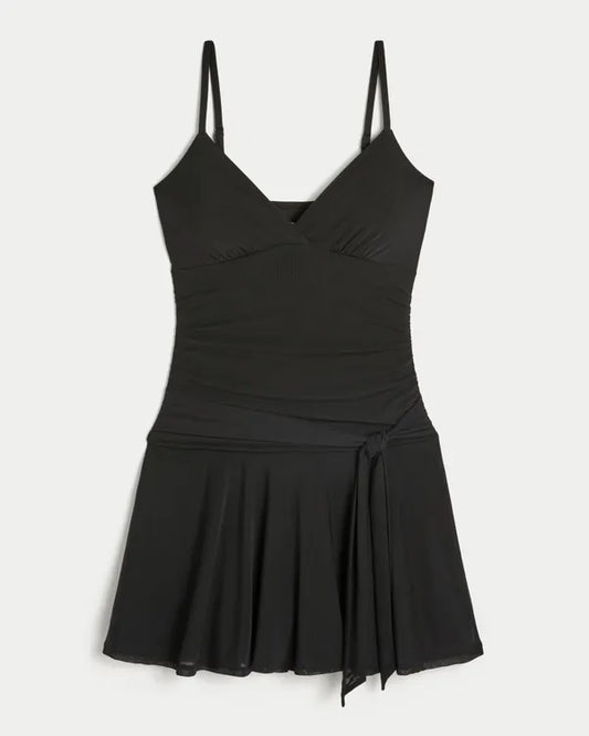 Ruched Mesh Tie Waist Dress
